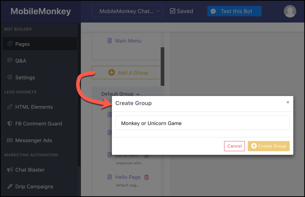 How to Create a Chatbot Using MobileMonkey - create new chatbot group
