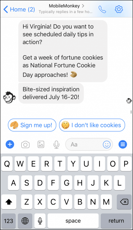 MobileMonkey Daily Marketing Tip Chatbot message