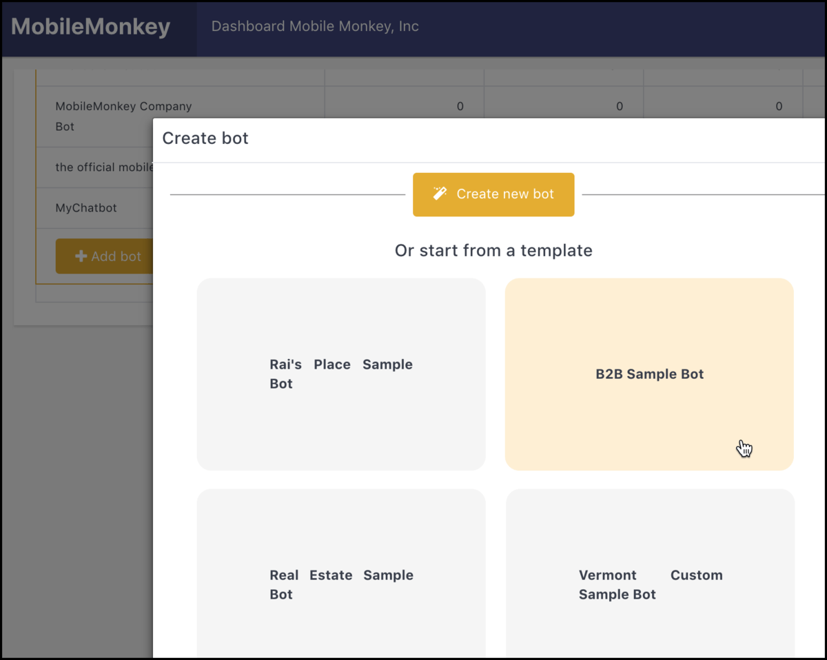 MobileMonkey dashboard page to create new bot or choose a template