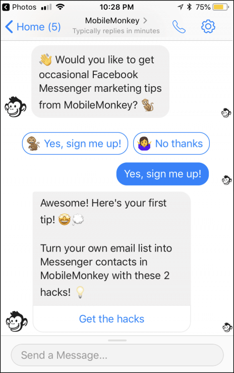 Simple opt in MobileMonkey chatbot message