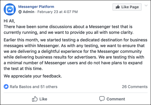 messenger platform announcement about test