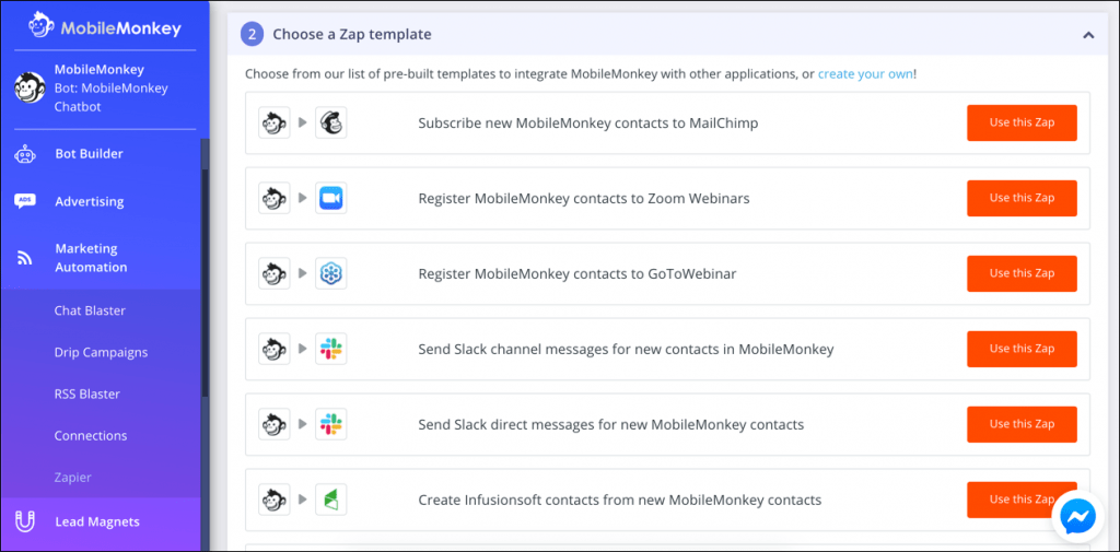 zapier chatbot integration in mobilemonkey