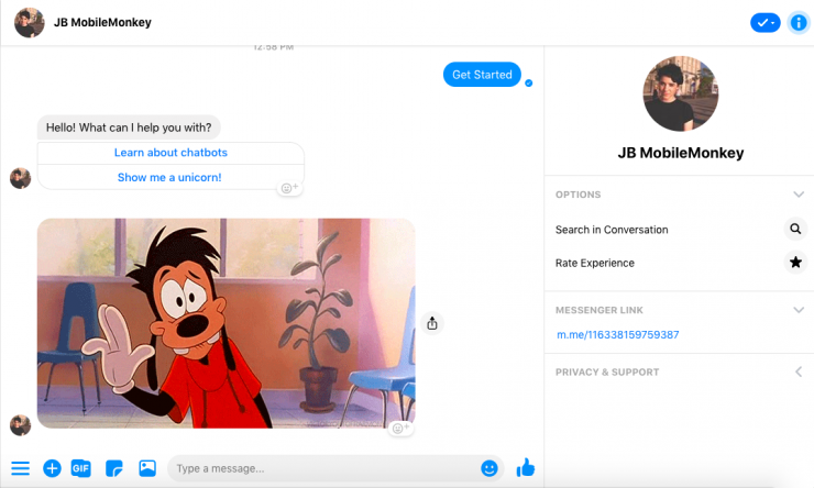 How to build a bot for business: Chatbot in action on Facebook Messenger, displaying the welcome dialogue