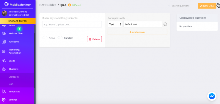 How to build a bot for business: Q+A Chatbot creation screen