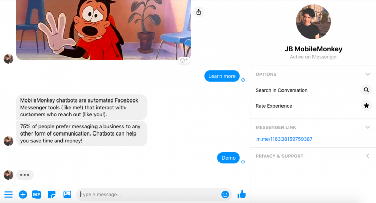 How to build a bot for business: Chatbot displaying typing widget, which appears as if a person is typing on the other side of the Facebook Messenger conversation.