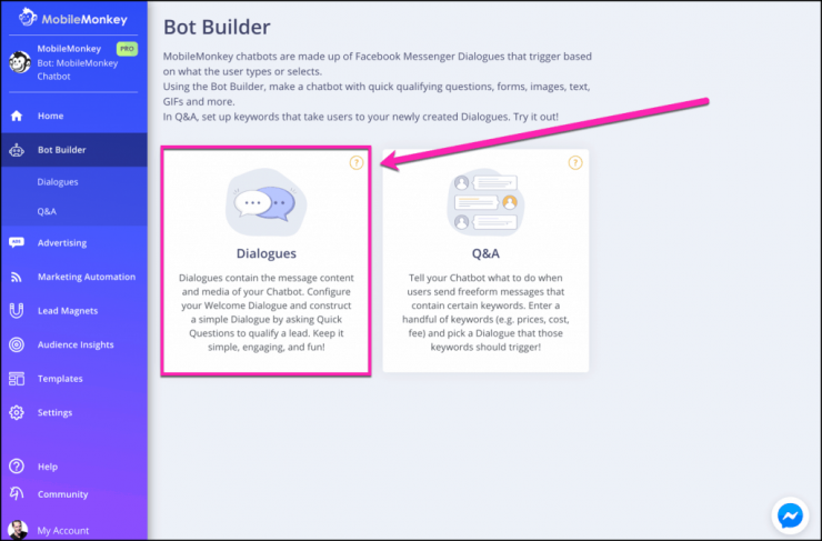 messenger chatbot for instagram: choose dialogues