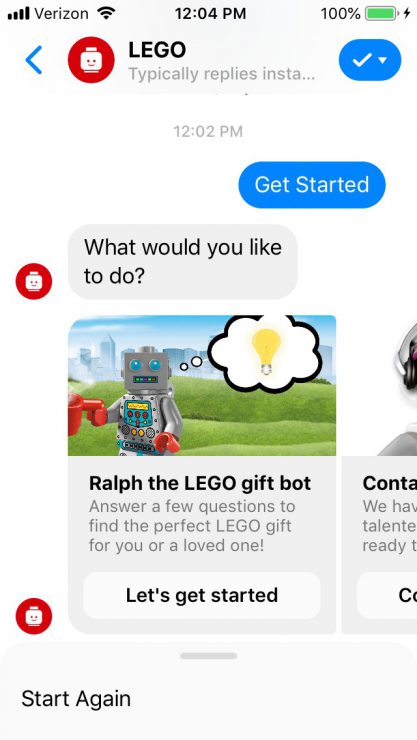 Gift Finder Chatbot: LEGO bot menu options