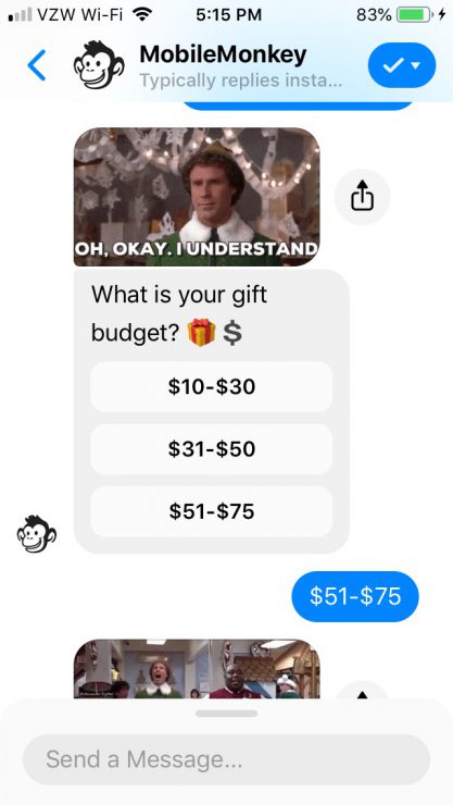 Gift Finder Chatbot: Asking occasion budget