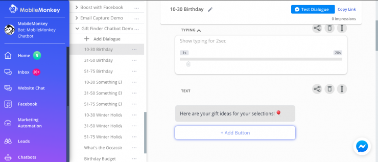 Gift Finder Chatbot: MobileMonkey chatbot builder 1
