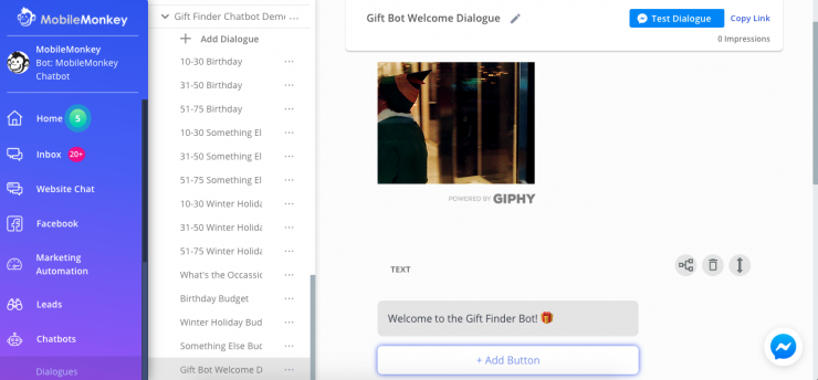 Gift Finder Chatbot: MobileMonkey chatbot builder 7
