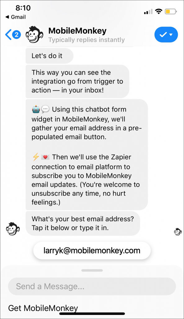 chatbot email capture example