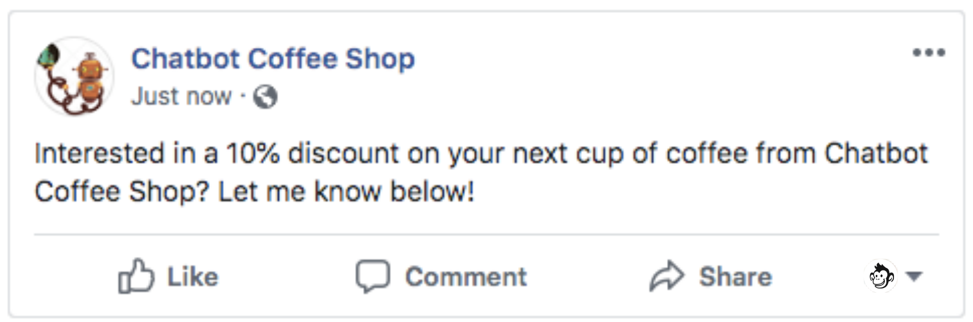 facebook auto responder post telling users to comment if they want a 10% discount from chatbot coffee shop
