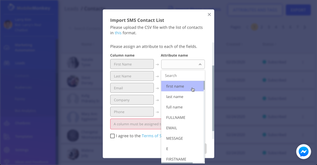 drop down to assign attributes to mobilemonkey contact database