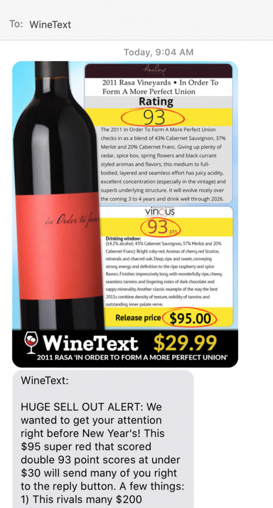 winetext text message marketing example