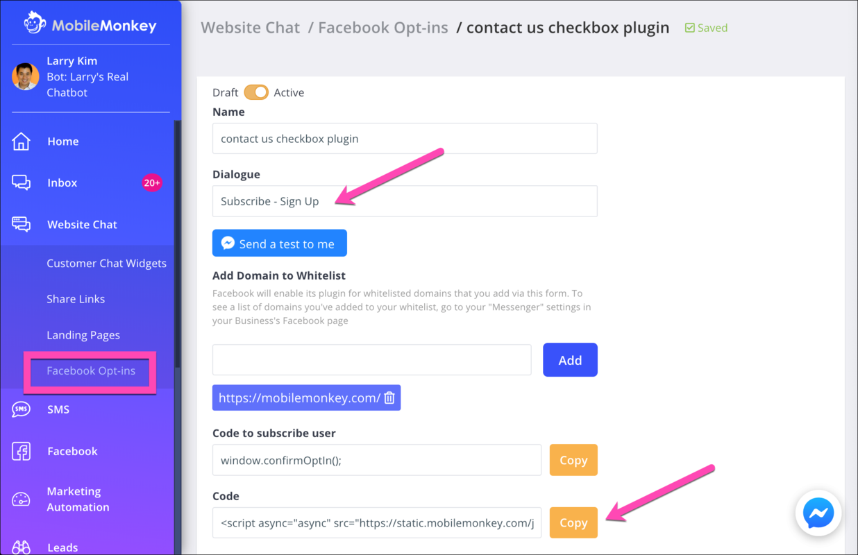 facebook messenger marketing opt-in checkbox