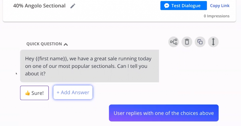 Example MobileMonkey chatbot message about a promotion