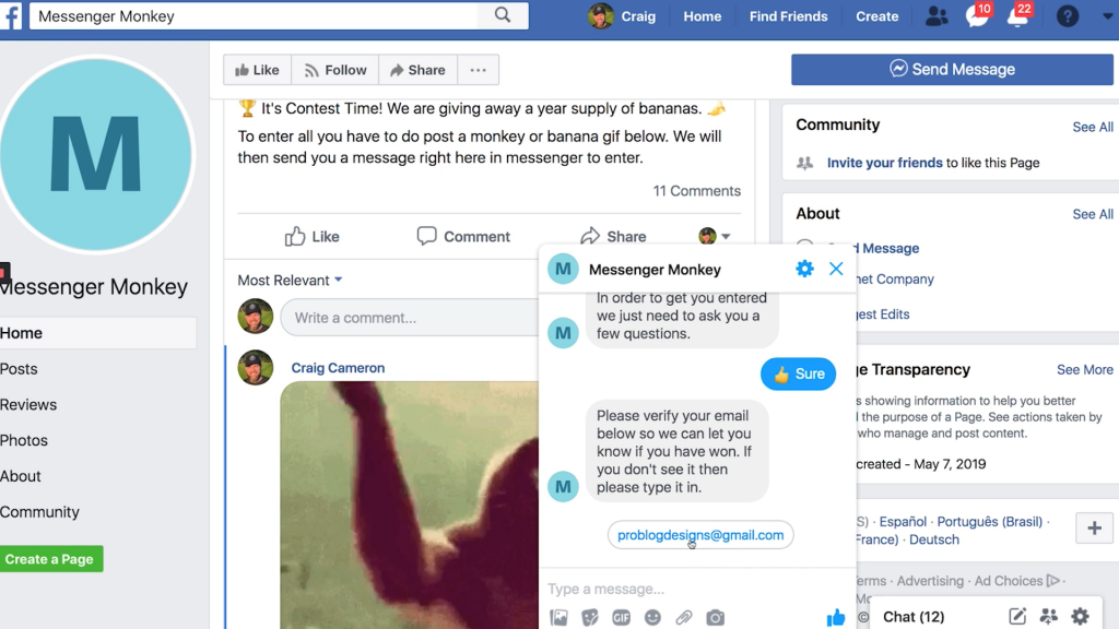 Testing chatbot to run a Facebook giveaway