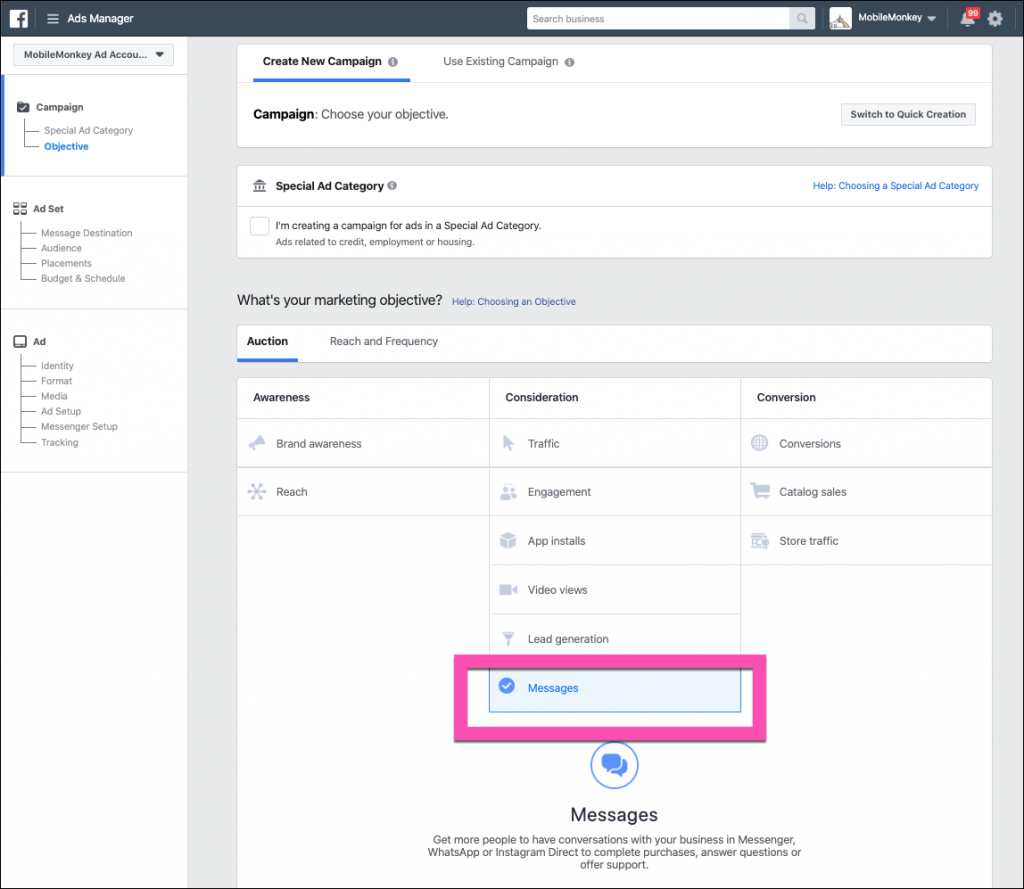 create new facebook ad in facebook ads manager