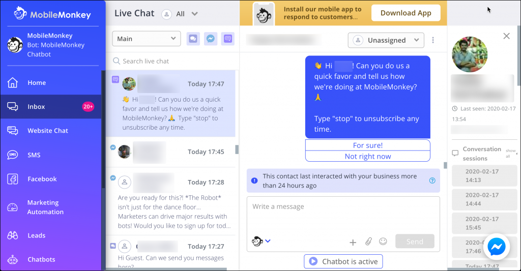 sms inbox for multi-channel chatbots