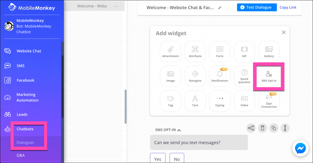 sms opt-in chatbot widget
