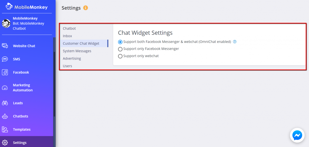 website chatbot multichannel support settings