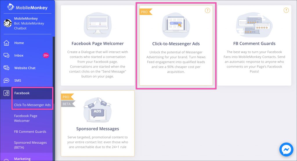 facebook messenger ad tools in mobilemonkey