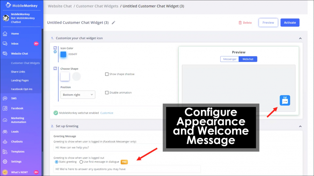 web chat widget config