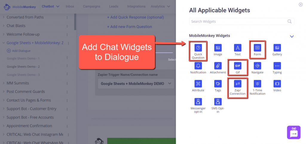 add MobileMonkey chat widgets to dialogue