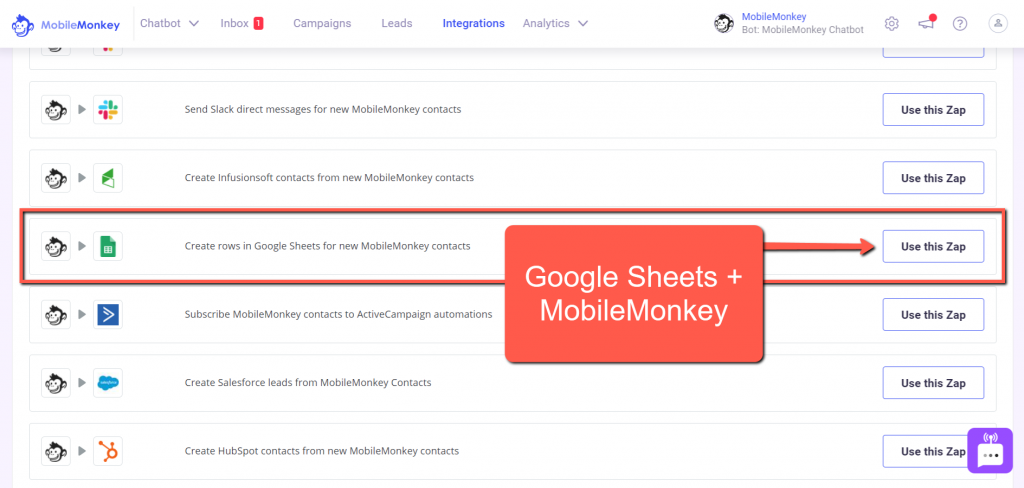 Google Sheets + MobileMonkey Zapier Integration