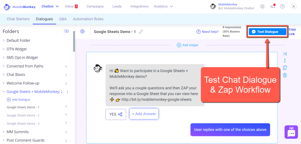 test chatbot dialogue and Zap workflow with MobileMonkey and Google Sheets