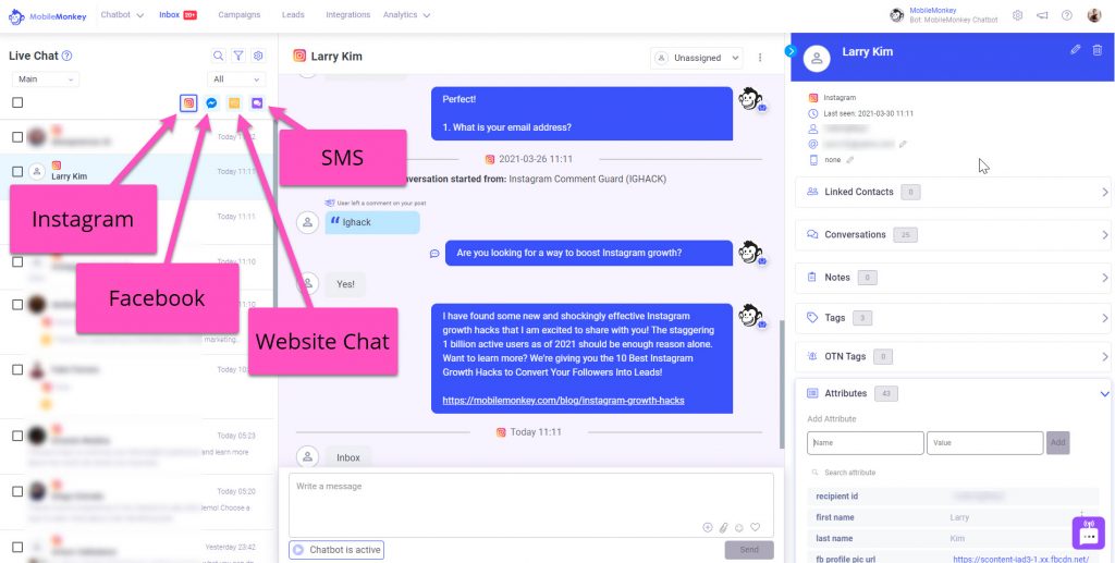 account based marketing tools: OmniChat inbox by MobileMonkey