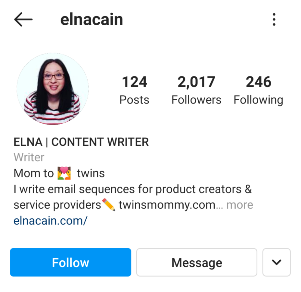 Elna Cain’s Instagram. “Mom to twins. I write email sequences for product creators & service providers. …”