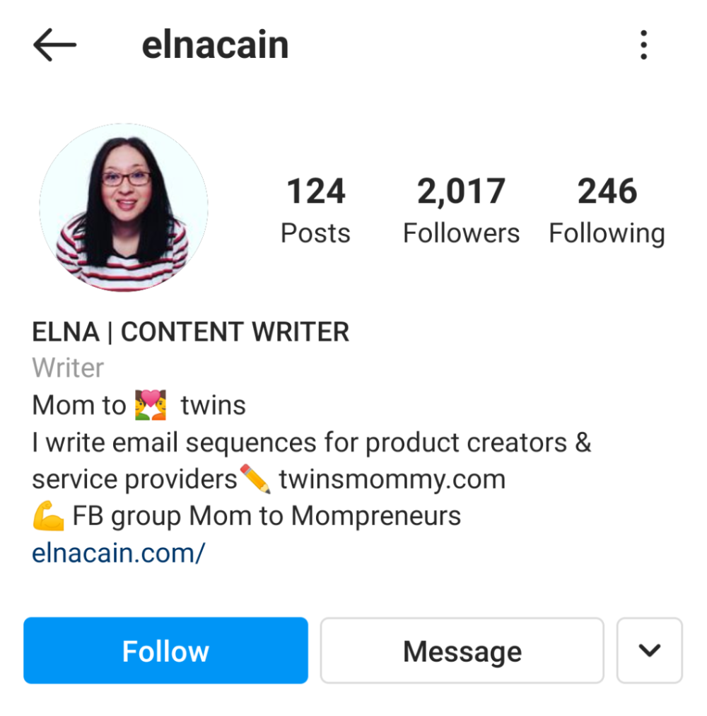 Elna Cain’s Instagram. After the “more” cutoff: “twinsmommy.com. FB group Mom to Mompreneurs.