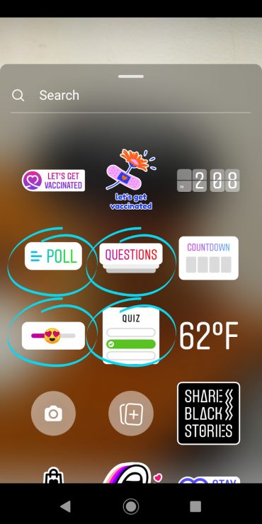 An image displaying the poll, question, emoji slider, and quiz Instagram stickers.