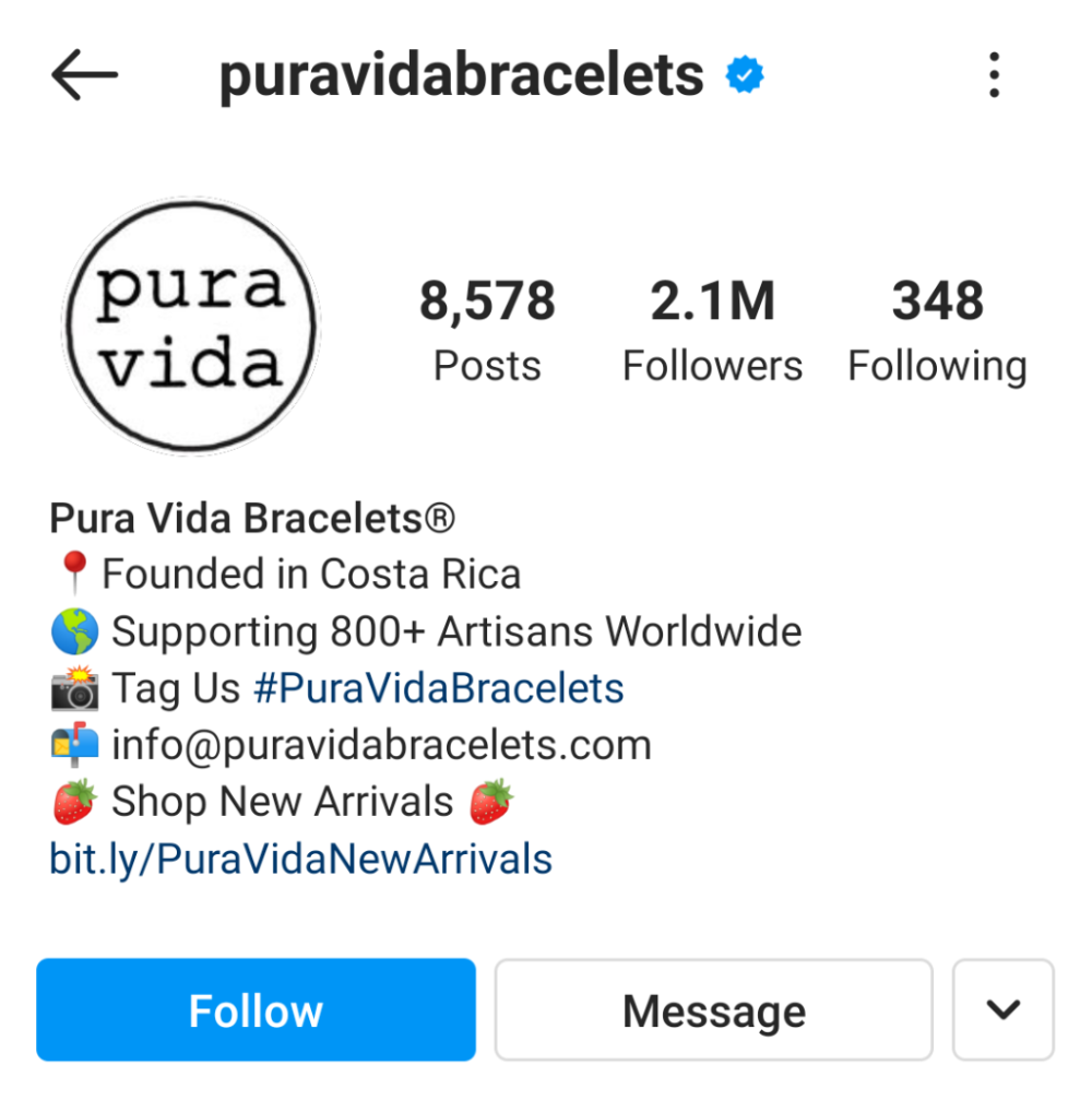 Pura Vida Bracelets’s Instagram. Under the cutoff: “Tag us #PuraVidaBracelets.” The company email. “Shop New Arrivals.”