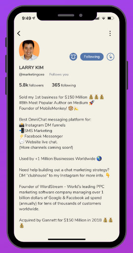 Larry Kim’s Clubhouse bio. It begins with “Sold my 1st business for $150 Million”