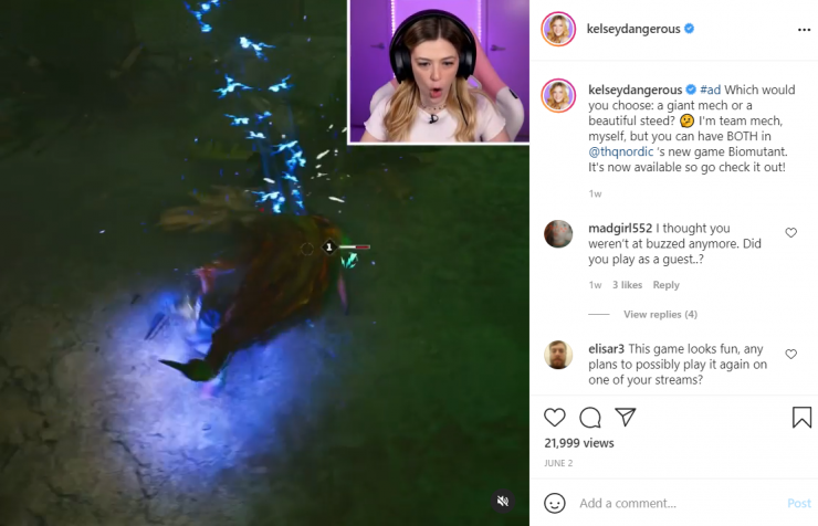 A YouTube gamer promotes a new game to her Instagram followers