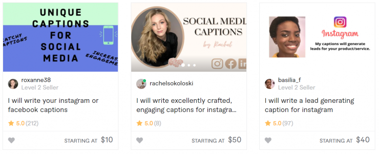 Examples of creators selling Instagram captions on Fiverr