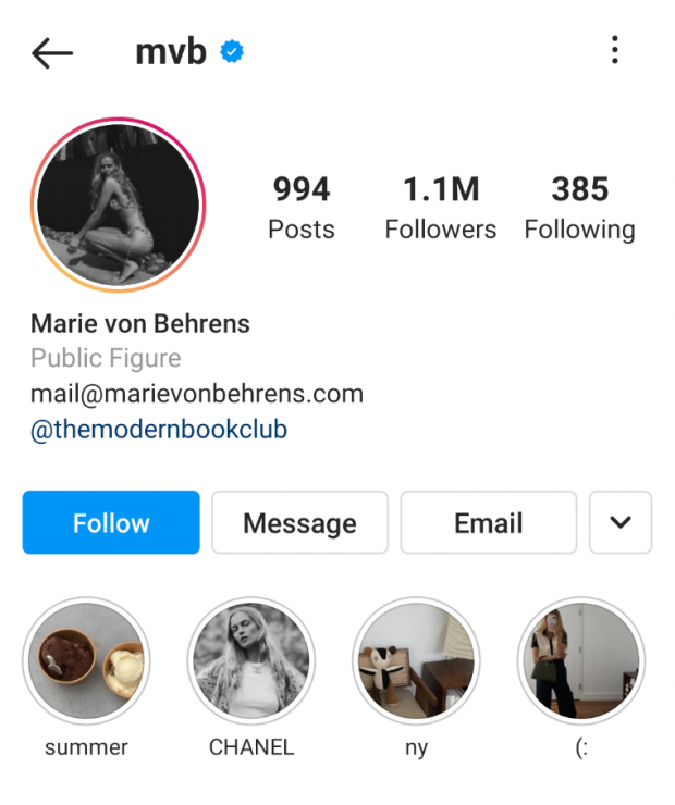 Marie von Behrens Instagram Story Highlight example