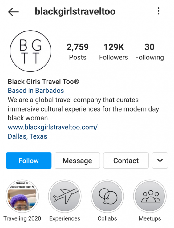 Black Girls Travel Too Instagram Story Highlight example