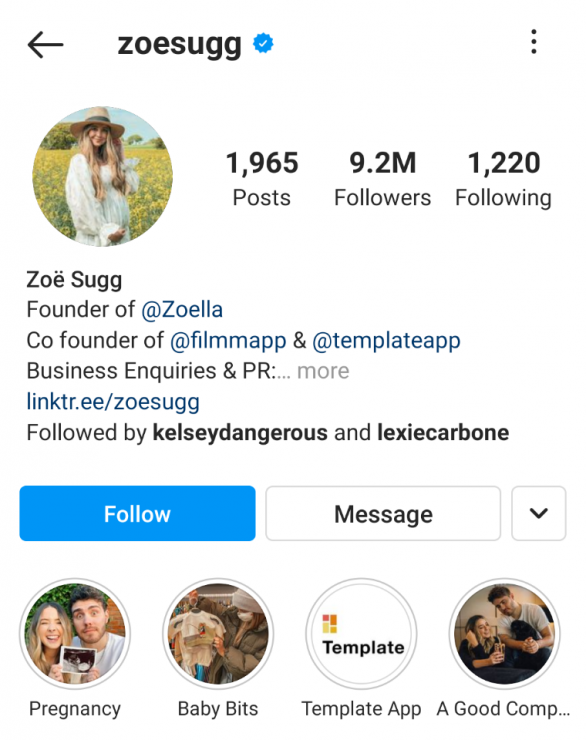 Zoë Sugg Instagram Story Highlight example
