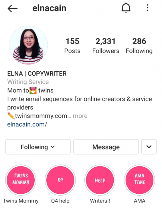 Elna Cain Instagram Story Highlight example