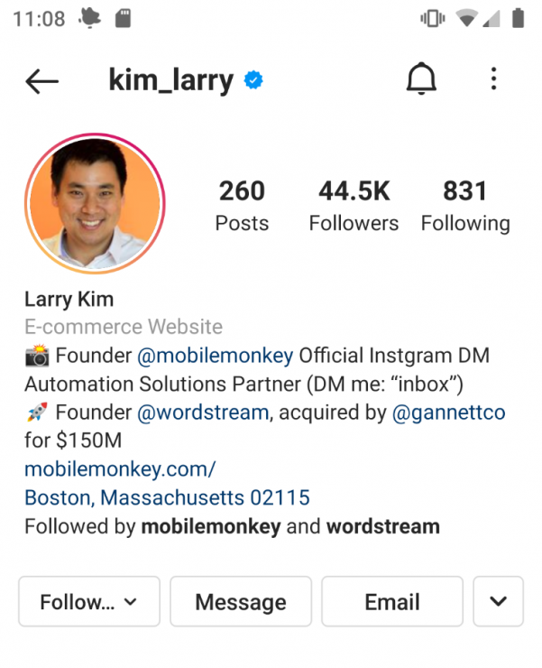 MobileMonkey CEO Larry Kim’s Instagram bio